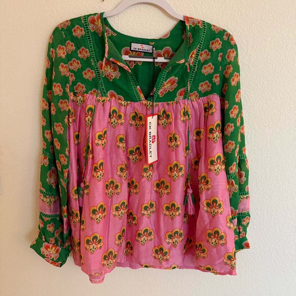 Pink and Green Smocked Blouse with Mandarin Collar